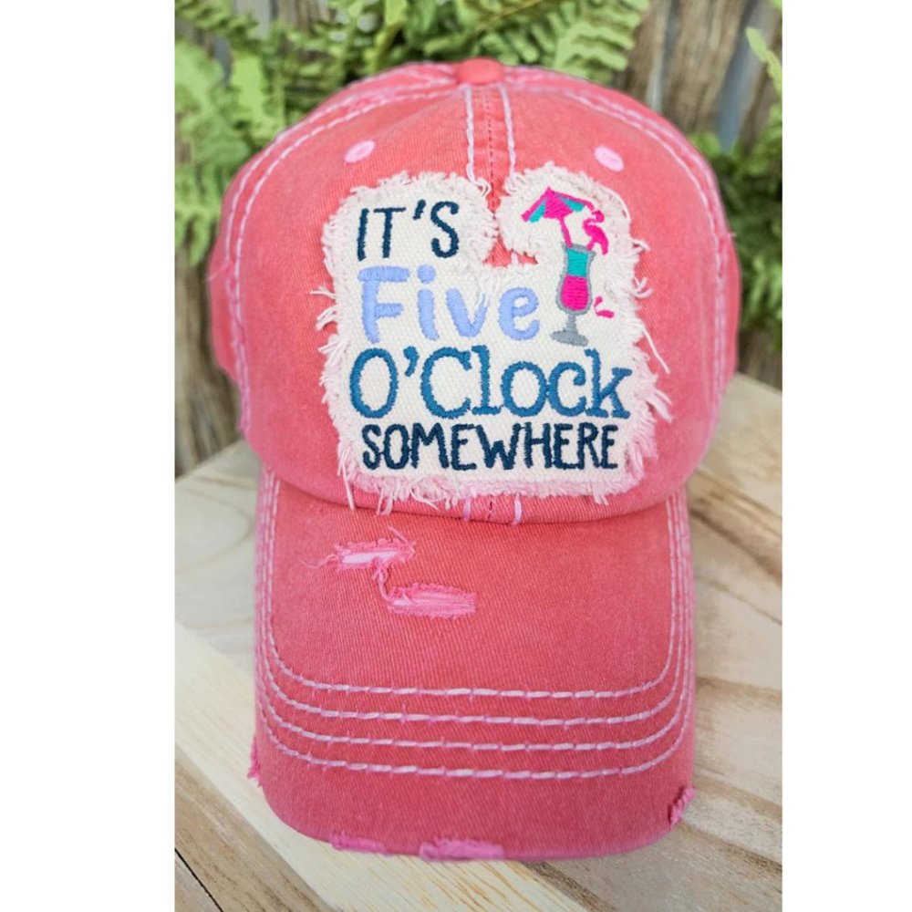 Coral 'It's Five O'Clock Somewhere' Distressed Baseball Cap